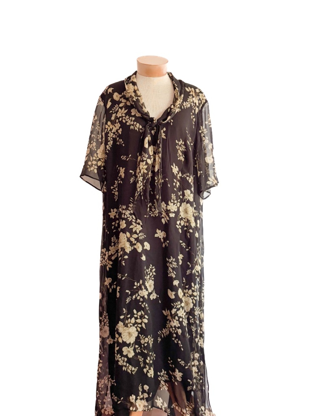 MARINA RINALDI Italy Black Floral Tie Neck 100% Silk Dress MOTB Size 29 = 20 US